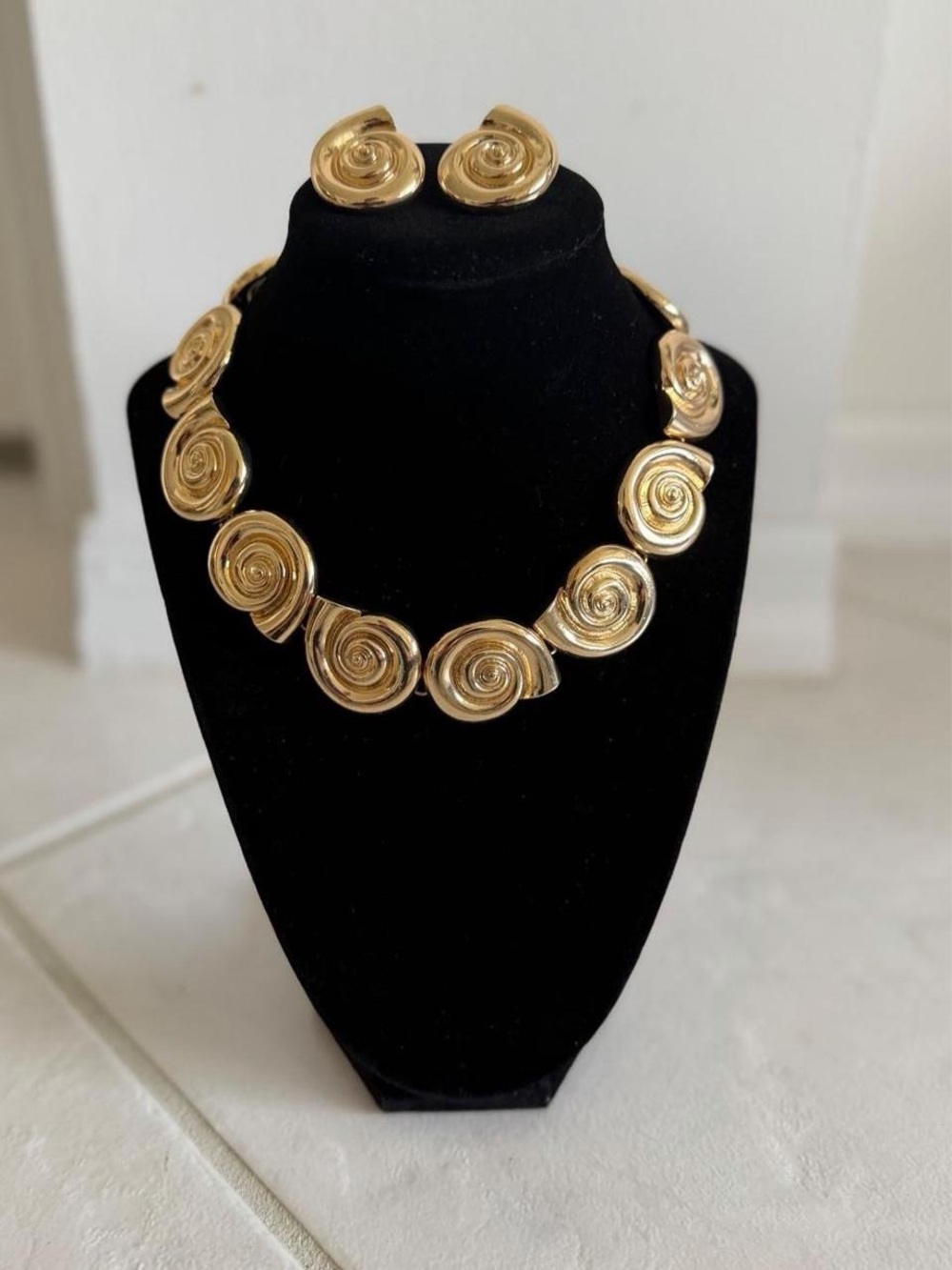 Vintage Gold Spiral Statement Necklace and Earrings Set